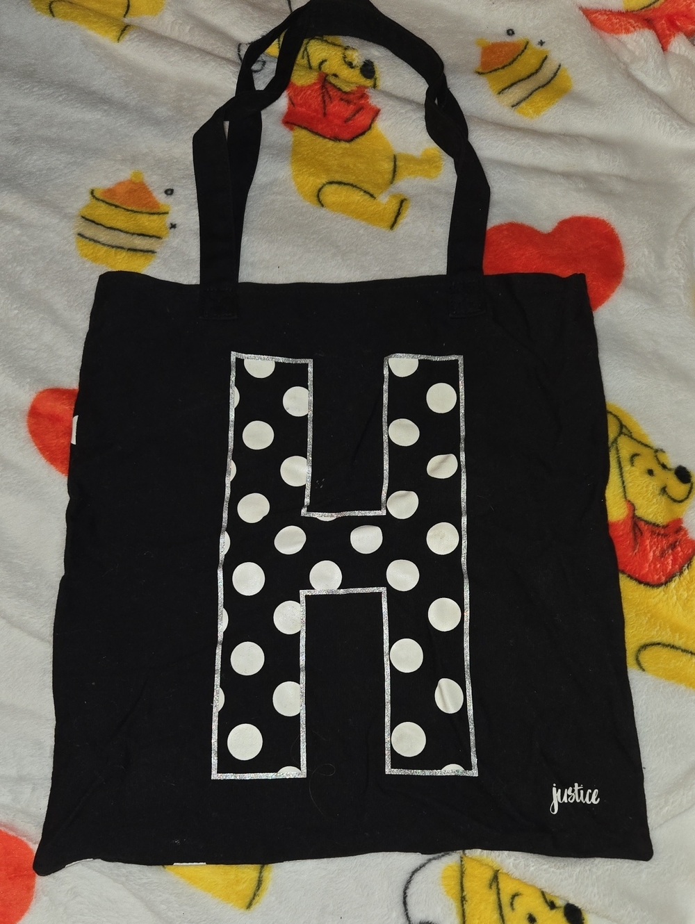 Justice Black Tote with White Polka Dot 'H'